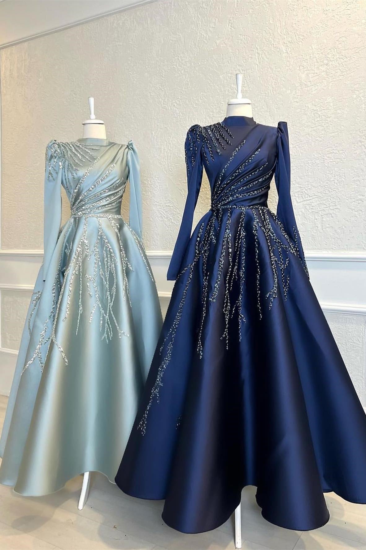 Blue A Line Prom Dress Long Sleeve High Neck Formal Dress With Beadings and Rhinestones