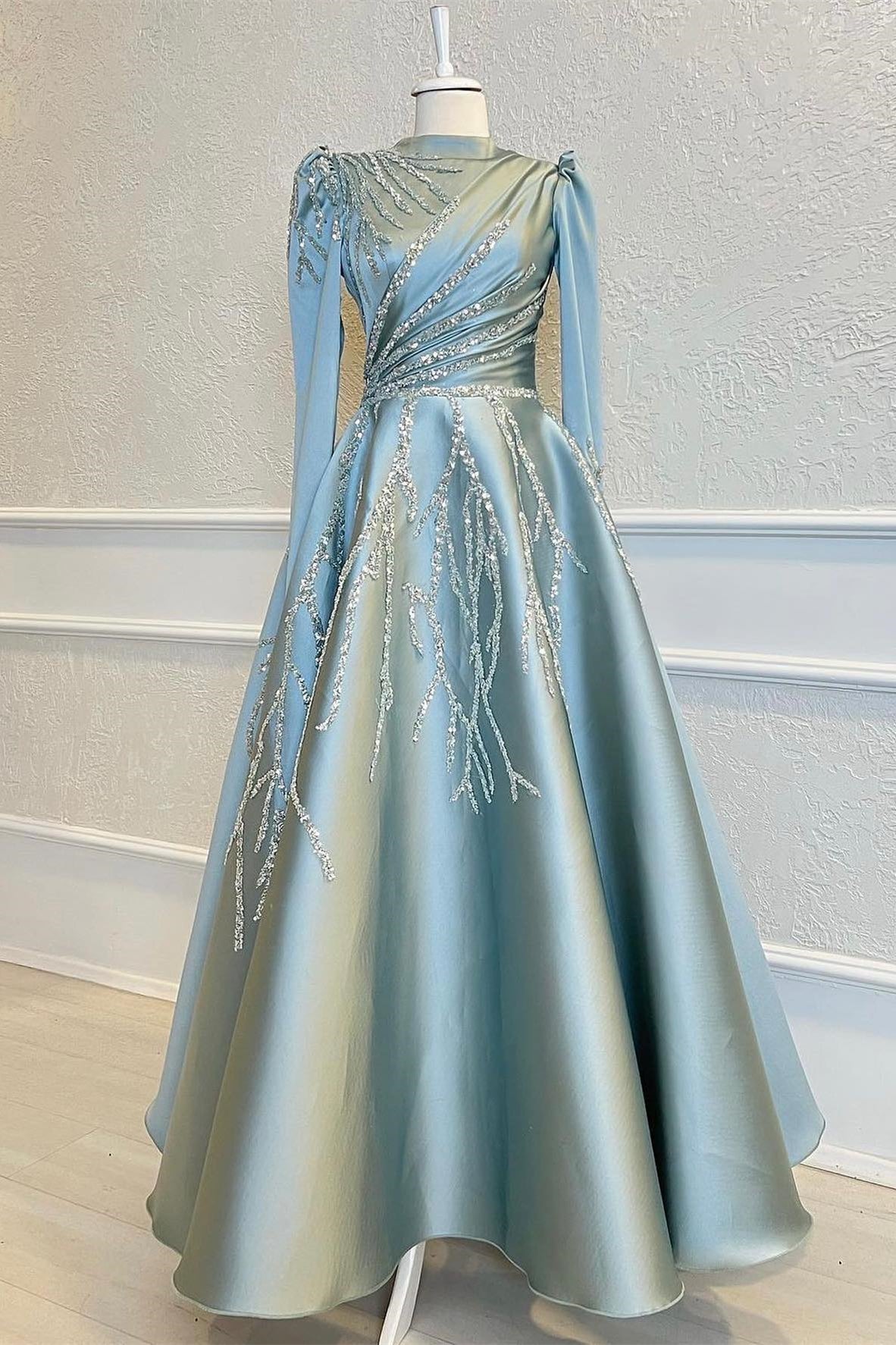 Blue A Line Prom Dress Long Sleeve High Neck Formal Dress With Beadings and Rhinestones