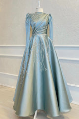 Blue A Line Prom Dress Long Sleeve High Neck Formal Dress With Beadings and Rhinestones