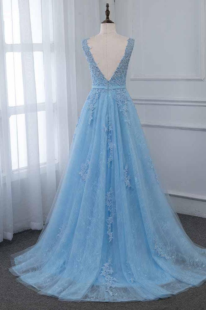 Blue A Line Prom Dress Sleeveless Crew Neck Formal Dress With Lace Appliques