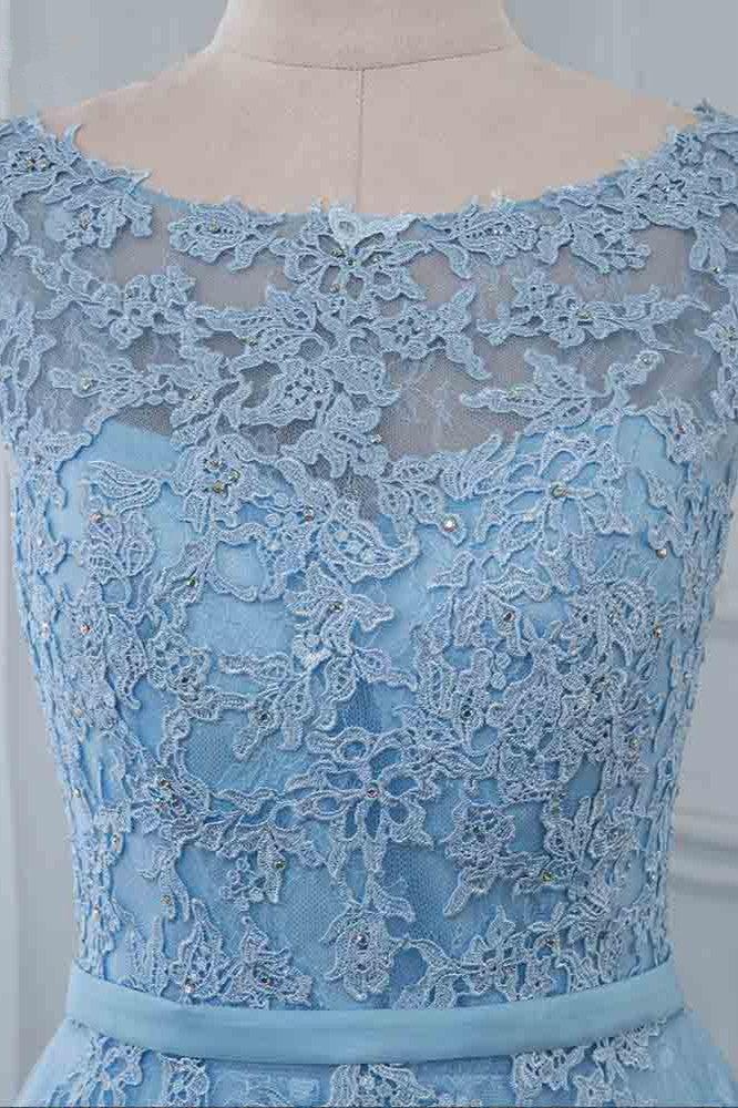 Blue A Line Prom Dress Sleeveless Crew Neck Formal Dress With Lace Appliques