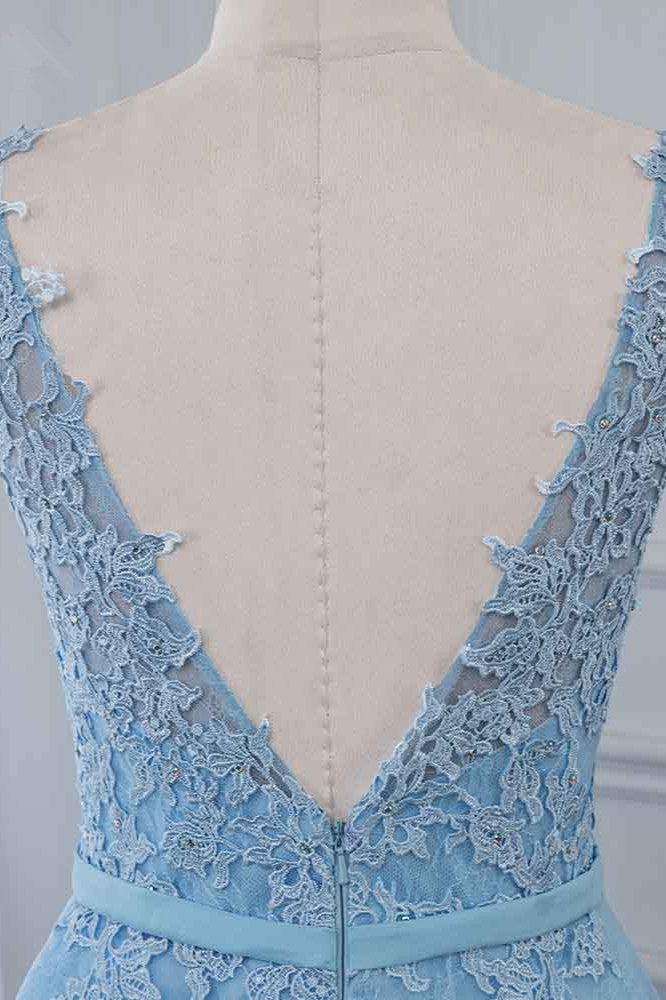 Blue A Line Prom Dress Sleeveless Crew Neck Formal Dress With Lace Appliques