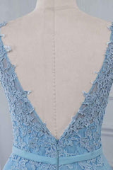 Blue A Line Prom Dress Sleeveless Crew Neck Formal Dress With Lace Appliques