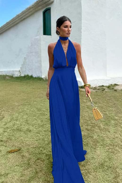Blue A Line Prom Dress Sleeveless Halter Neck Satin Formal Dress