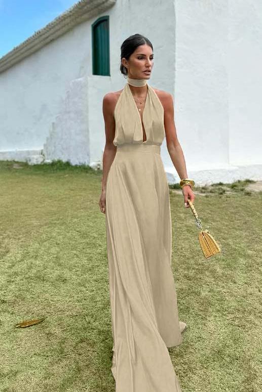 Blue A Line Prom Dress Sleeveless Halter Neck Satin Formal Dress