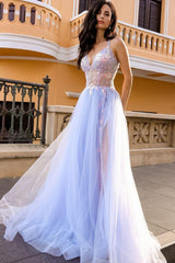 Blue A Line Prom Dress Sleeveless Spaghetti Straps Formal Dress With Lace Appliques