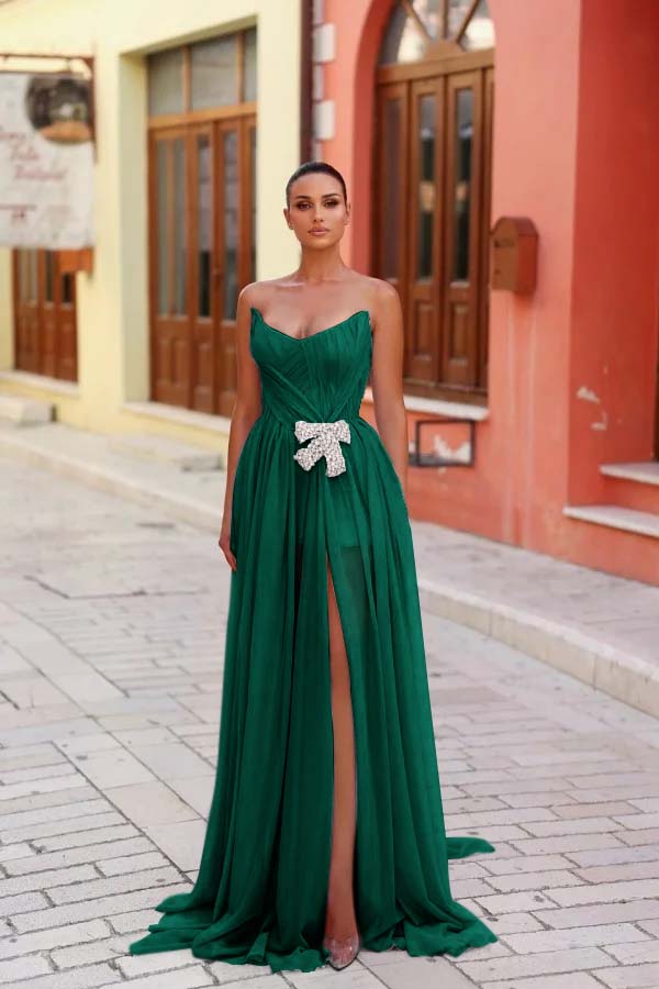 Blue A Line Prom Dress Sleeveless Strapless Formal Dress With Beadings and Rhinestones