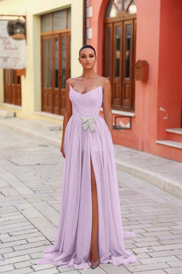Blue A Line Prom Dress Sleeveless Strapless Formal Dress With Beadings and Rhinestones