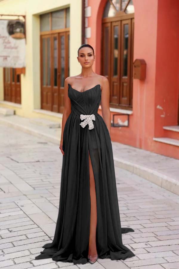 Blue A Line Prom Dress Sleeveless Strapless Formal Dress With Beadings and Rhinestones