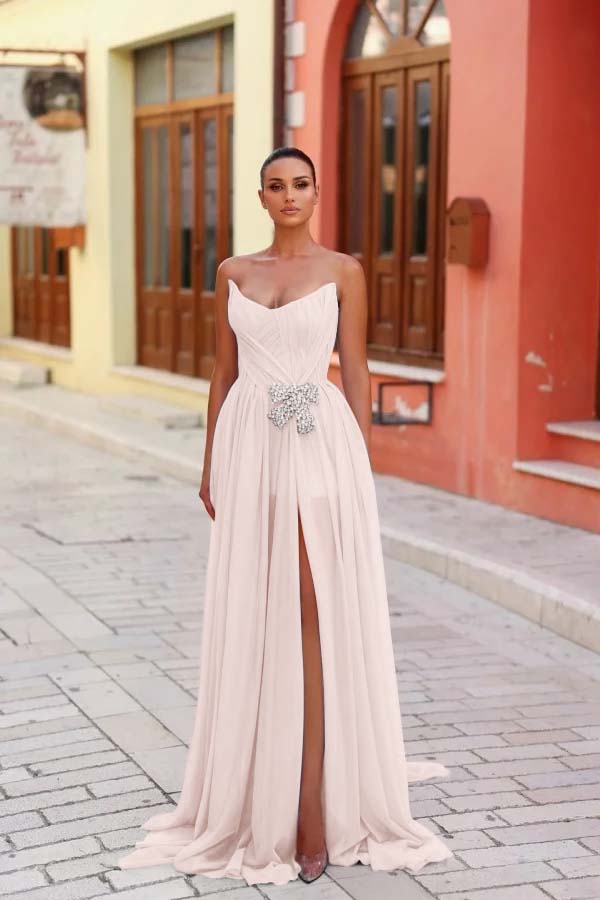 Blue A Line Prom Dress Sleeveless Strapless Formal Dress With Beadings and Rhinestones