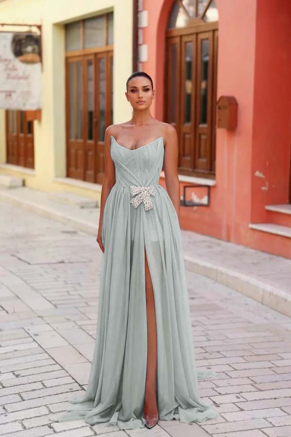 Blue A Line Prom Dress Sleeveless Strapless Formal Dress With Beadings and Rhinestones