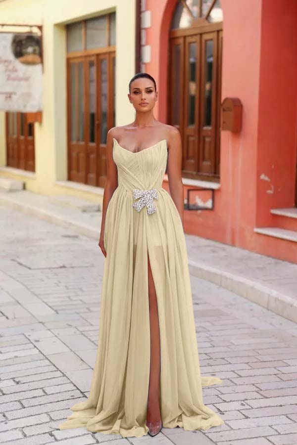 Blue A Line Prom Dress Sleeveless Strapless Formal Dress With Beadings and Rhinestones