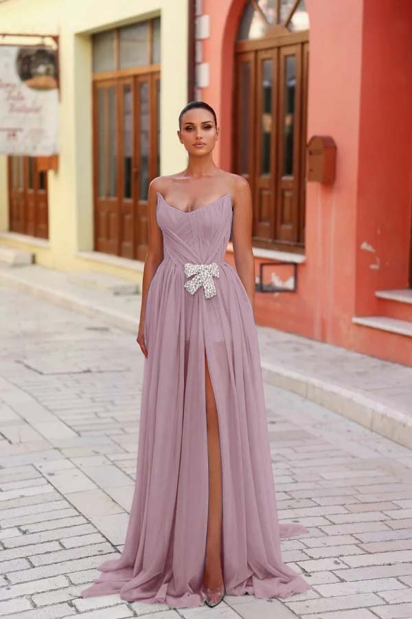 Blue A Line Prom Dress Sleeveless Strapless Formal Dress With Beadings and Rhinestones