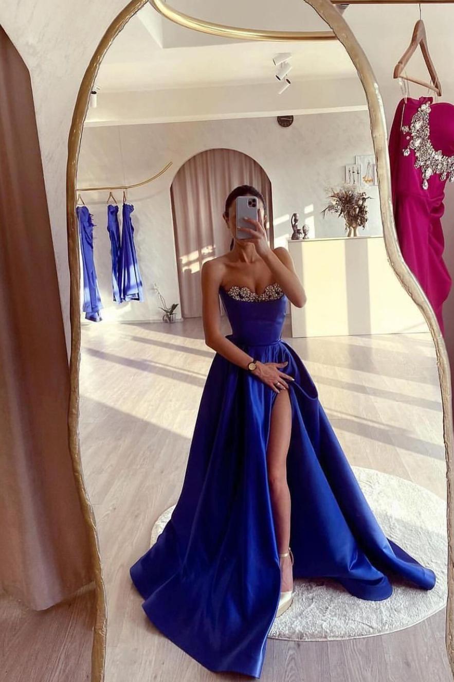Blue A Line Prom Dress Sleeveless Sweetheart Formal Dress With Beadings and Rhinestones