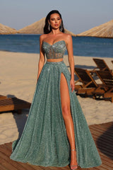 Blue A Line Prom Dress Sleeveless Sweetheart Formal Dress With Beadings