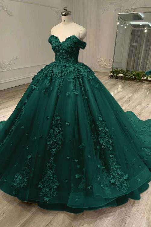 Blue Ball Gown Prom Dress Cap Sleeve Off the Shoulder Formal Dress With Lace Appliques