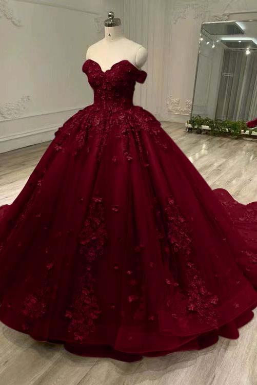 Blue Ball Gown Prom Dress Cap Sleeve Off the Shoulder Formal Dress With Lace Appliques