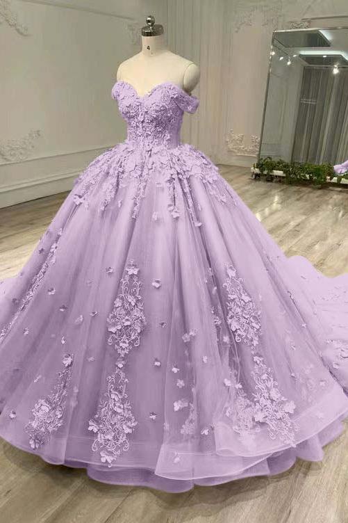 Blue Ball Gown Prom Dress Cap Sleeve Off the Shoulder Formal Dress With Lace Appliques
