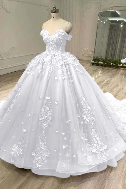 Blue Ball Gown Prom Dress Cap Sleeve Off the Shoulder Formal Dress With Lace Appliques