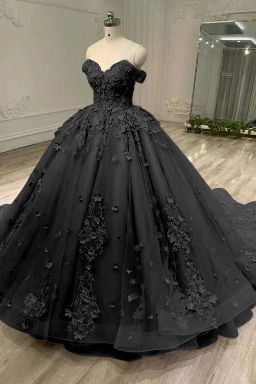 Blue Ball Gown Prom Dress Cap Sleeve Off the Shoulder Formal Dress With Lace Appliques
