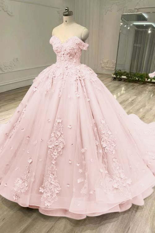Blue Ball Gown Prom Dress Cap Sleeve Off the Shoulder Formal Dress With Lace Appliques