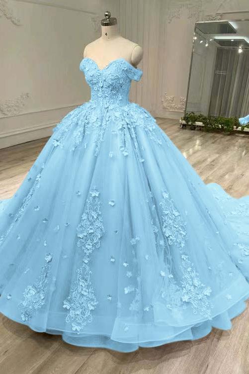 Blue Ball Gown Prom Dress Cap Sleeve Off the Shoulder Formal Dress With Lace Appliques