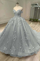 Blue Ball Gown Prom Dress Cap Sleeve Off the Shoulder Formal Dress With Lace Appliques