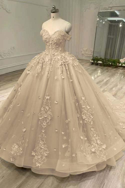 Blue Ball Gown Prom Dress Cap Sleeve Off the Shoulder Formal Dress With Lace Appliques