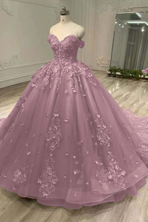 Blue Ball Gown Prom Dress Cap Sleeve Off the Shoulder Formal Dress With Lace Appliques