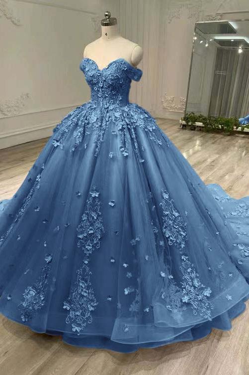 Blue Ball Gown Prom Dress Cap Sleeve Off the Shoulder Formal Dress With Lace Appliques