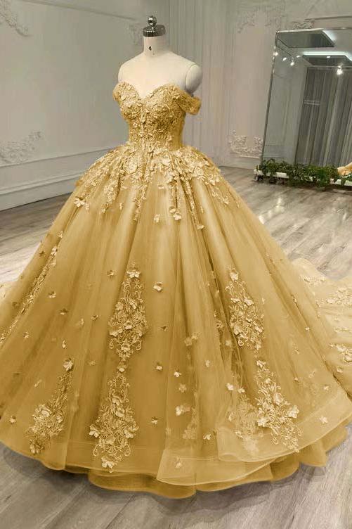 Blue Ball Gown Prom Dress Cap Sleeve Off the Shoulder Formal Dress With Lace Appliques