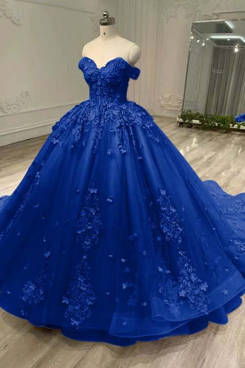 Blue Ball Gown Prom Dress Cap Sleeve Off the Shoulder Formal Dress With Lace Appliques