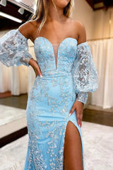 Blue Detachable Sleeves Prom Dress Sweetheart Lace Long Evening Dress with Slit