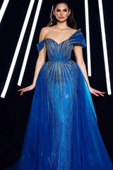 Blue Detachable Train Prom Dress Cap Sleeve Asymmetric Formal Dress With Beadings and Rhinestones