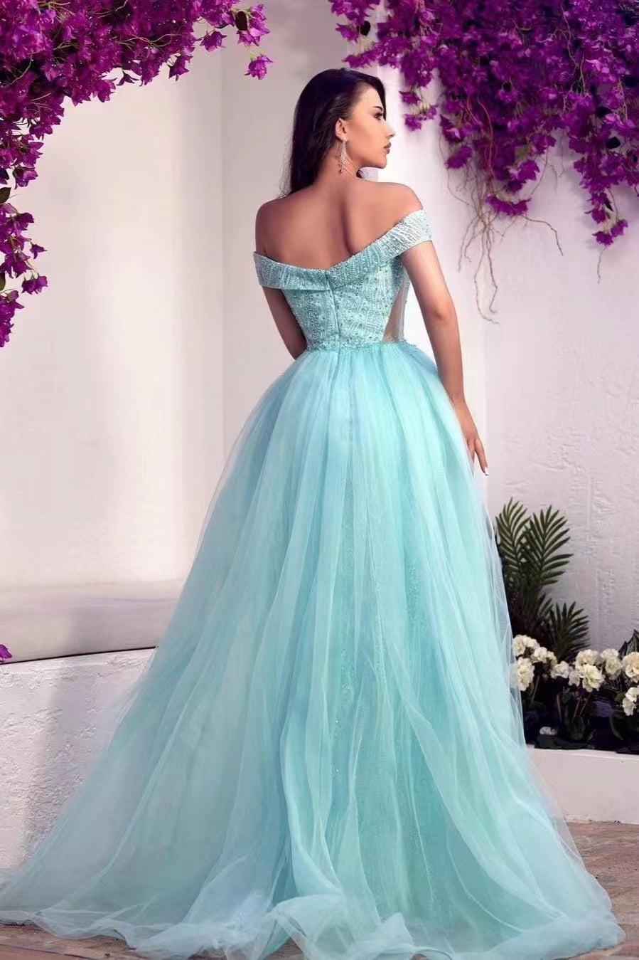 Blue Detachable Train Prom Dress Cap Sleeve Off the Shoulder Formal Dress With Sequins