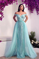 Blue Detachable Train Prom Dress Cap Sleeve Off the Shoulder Formal Dress With Sequins