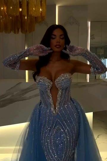 Blue Detachable Train Prom Dress Sleeveless Sweetheart Formal Dress With Beadings and Rhinestones