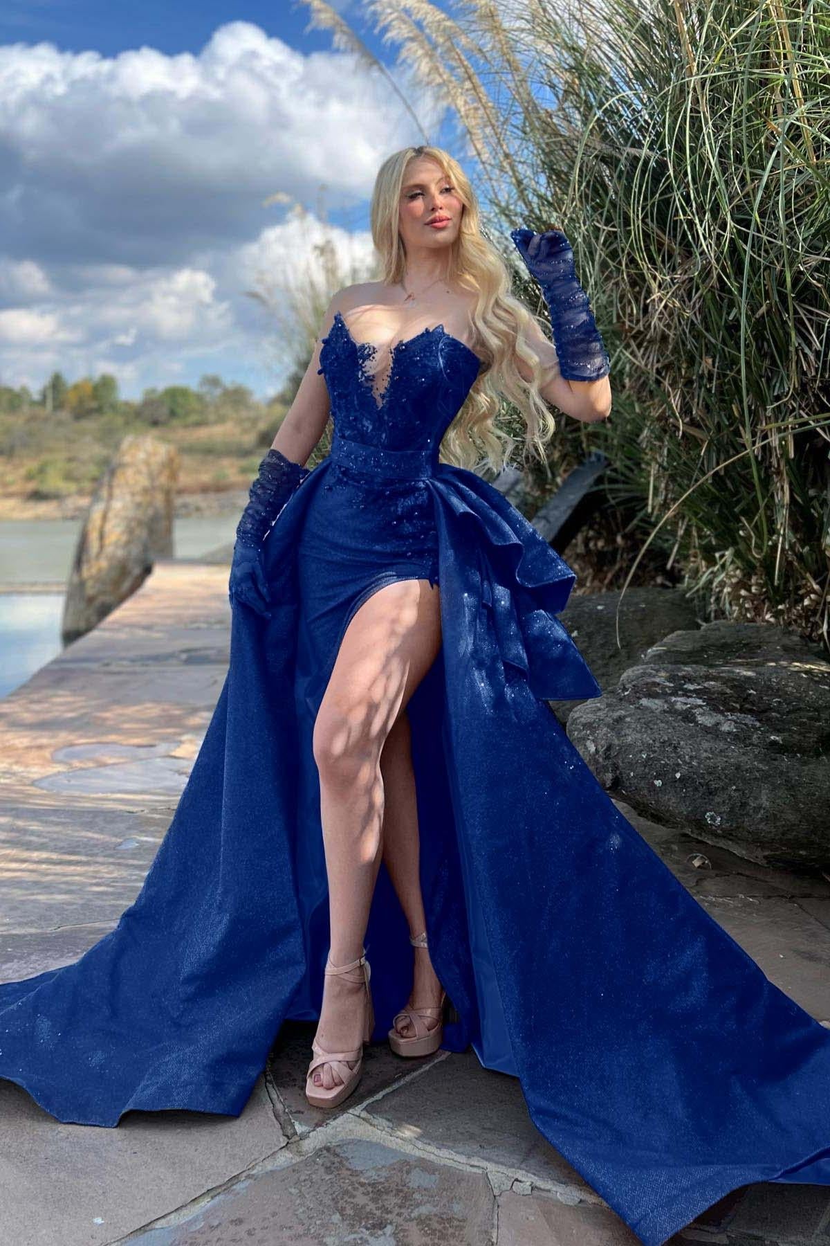 Blue Detachable Train Prom Dress Sleeveless Sweetheart Formal Dress With Lace Appliques