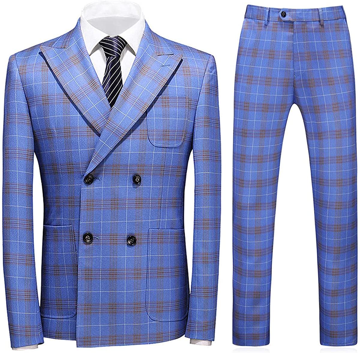 Blue Double Breasted Plaid Business Suit for Men