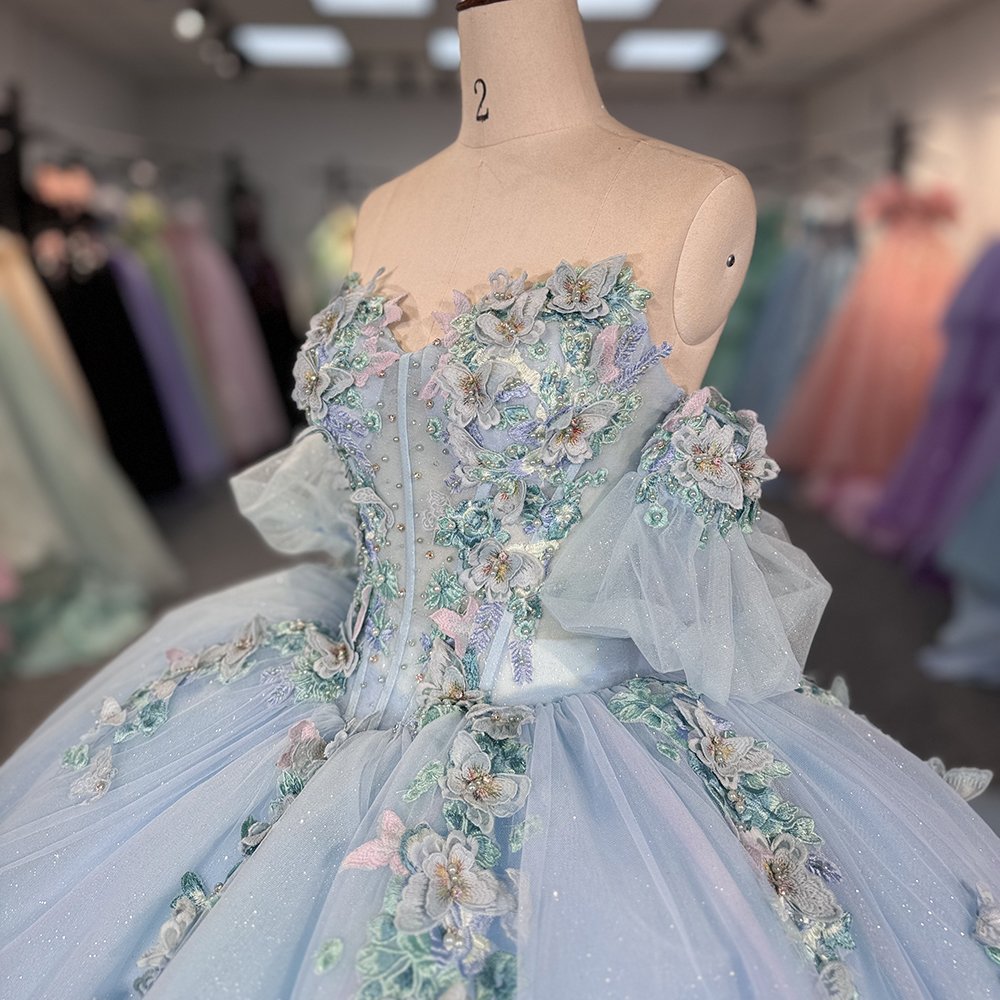 Blue Fairy Princess Quinceanera Dress Handmade Floral Off Shoulder Sweep Train Prom Party Gown Ball Gown Dress