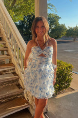 Blue Floral Halter Ruffled Tiered Pearl Hoemcoming Dress