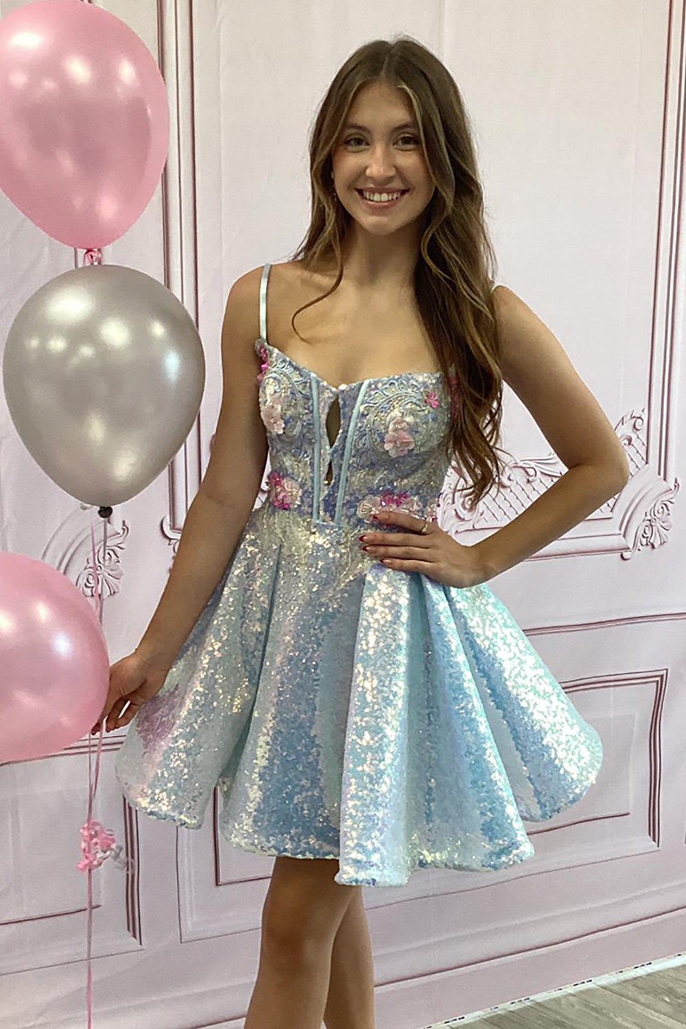 Blue Floral Homecoming Dresses Spaghetti Straps Short Corset Cocktail Dresses