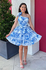 Blue Floral Ruffled A Line Homecoming Dresses One Shoulder Short Cocktail Dresses