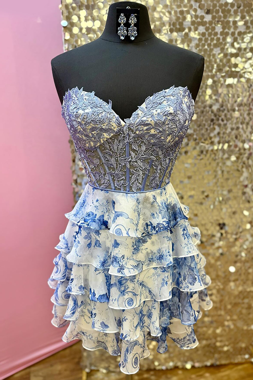 Blue Floral Ruffled Tiered A Line Homecoming Dresses Short Cocktail Dresses With Lace