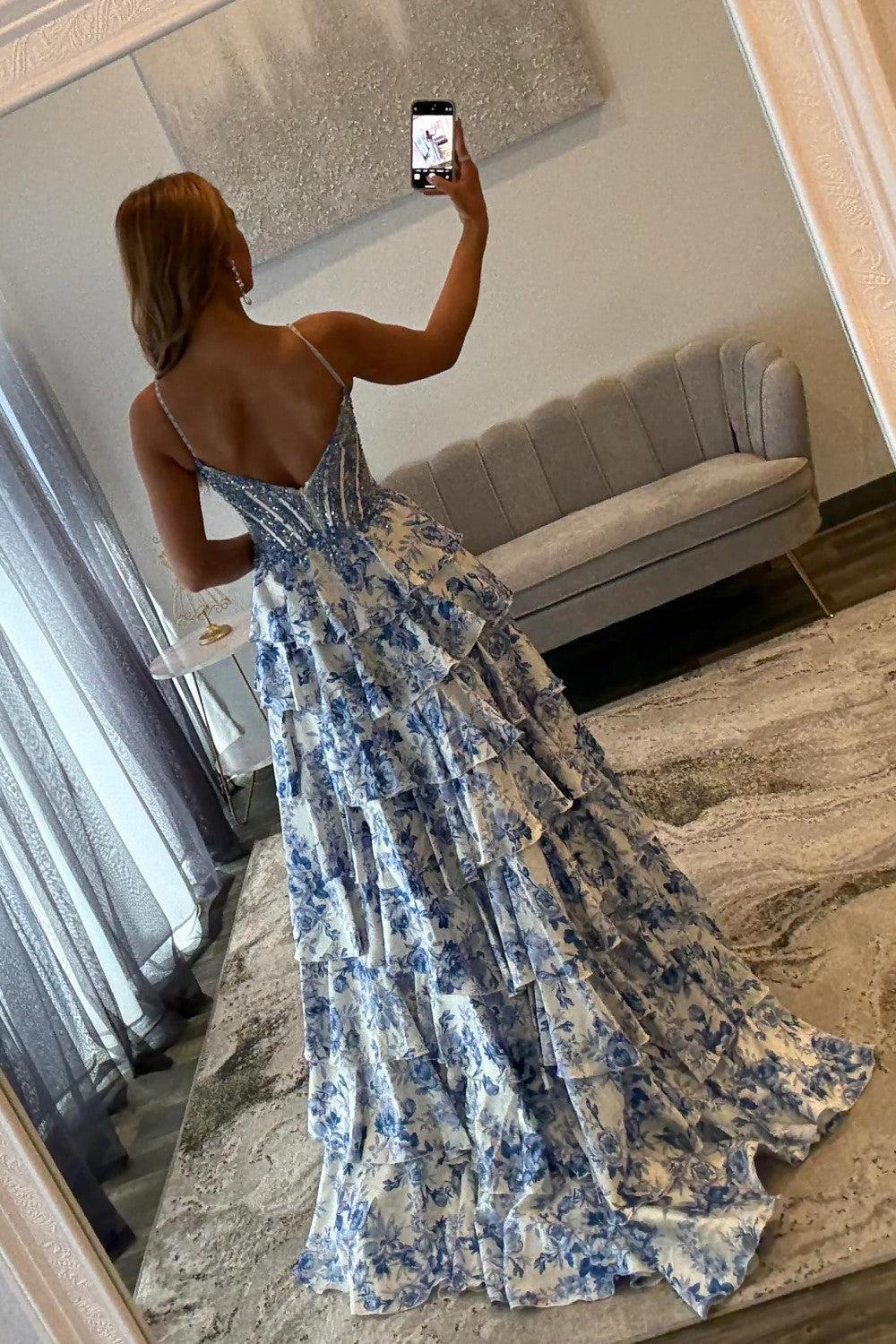 Dressystars Blue Floral Spaghetti Straps Ruffle High-Slit Prom Dress With Lace Bodice Formal Evening Gown
