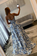 Dressystars Blue Floral Spaghetti Straps Ruffle High-Slit Prom Dress With Lace Bodice Formal Evening Gown