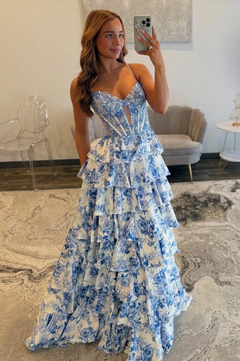 Dressystars Blue Floral Spaghetti Straps Ruffle High-Slit Prom Dress With Lace Bodice Formal Evening Gown