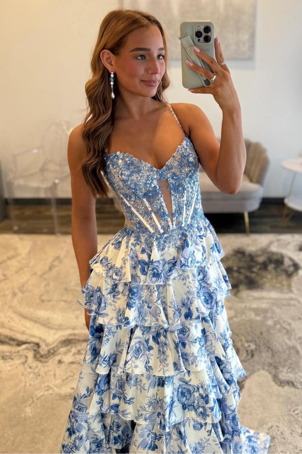 Dressystars Blue Floral Spaghetti Straps Ruffle High-Slit Prom Dress With Lace Bodice Formal Evening Gown