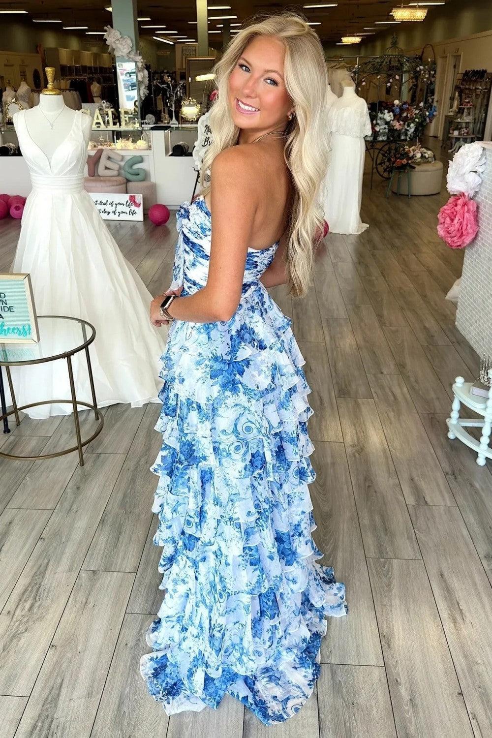 Floral Sweetheart Long Ruffled Chiffon Prom Dress With Slit Formal Evening Gown