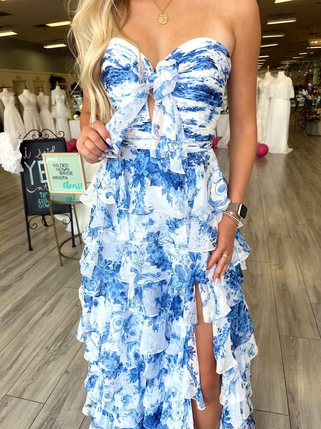 Floral Sweetheart Long Ruffled Chiffon Prom Dress With Slit Formal Evening Gown